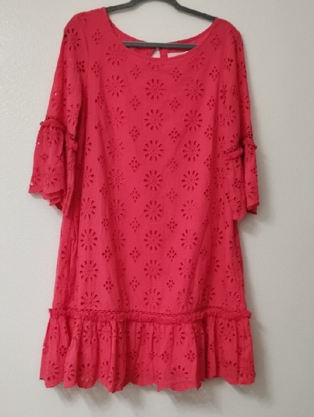 Anthropologie Red Eyelet Ruffle Shift Dress - Picture 5 of 16